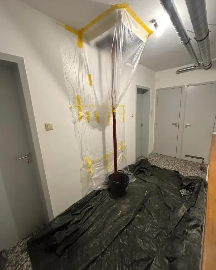Le confinement vu depuis le palier, sol entièrement bâché.
